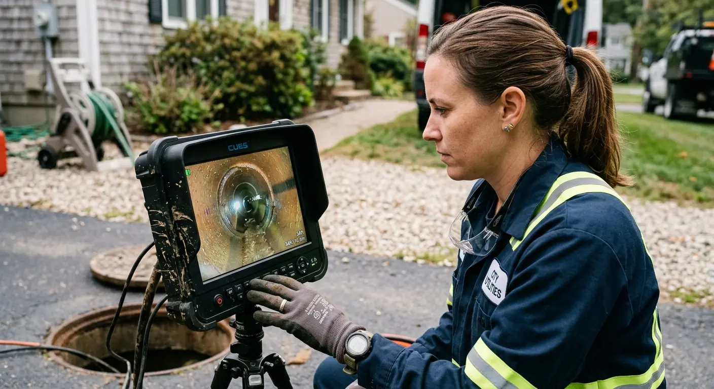 Technician reviewing sewer camera inspection footage in Coraopolis