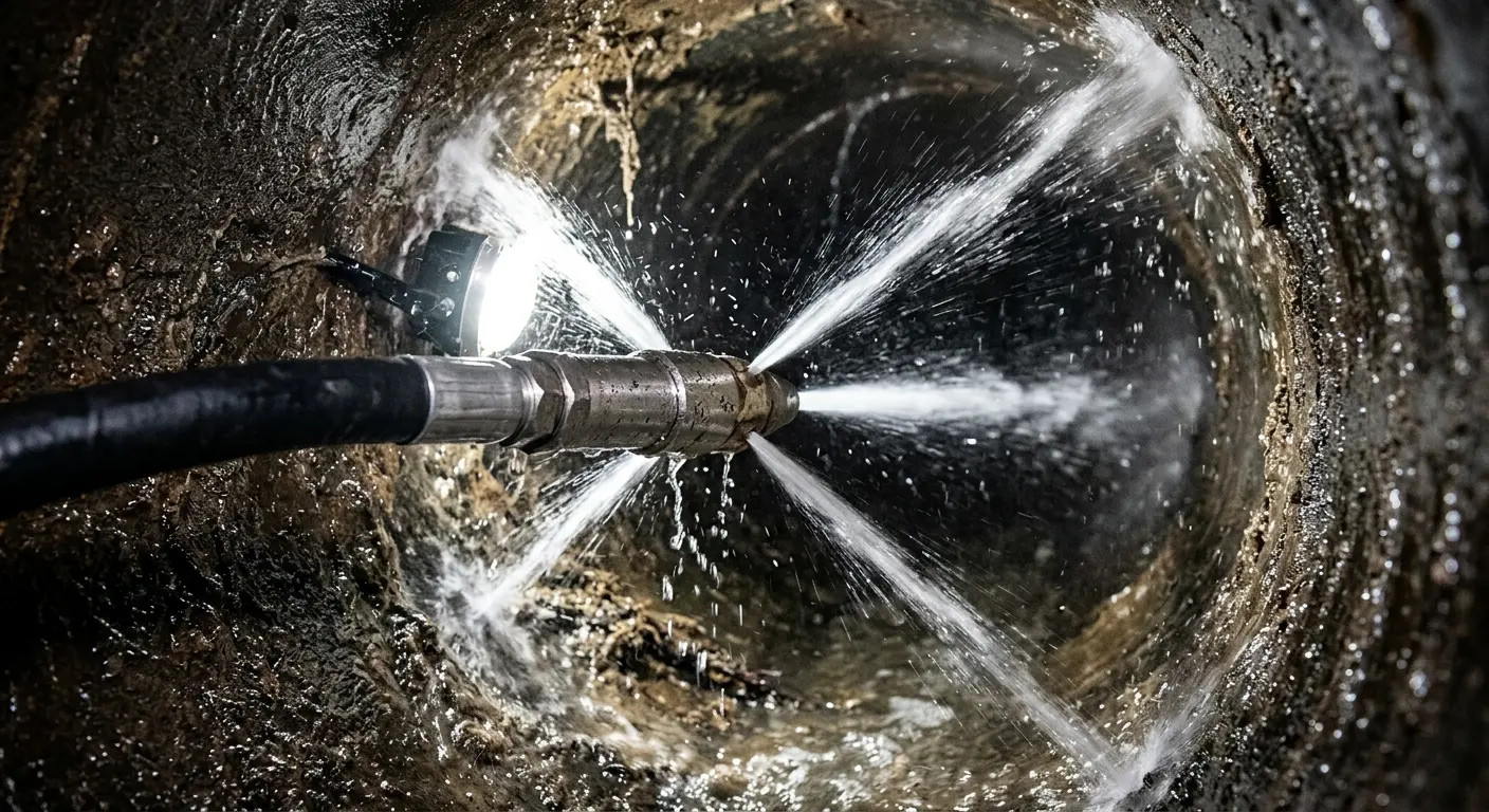 High-pressure hydro jetting nozzle cleaning sewer pipe for Emergency Drain Service in Coraopolis