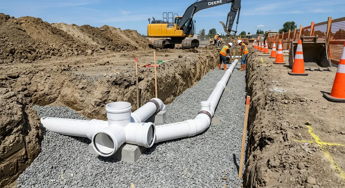 New PVC sewer pipe installation in open trench for Sewer Backup in Coraopolis