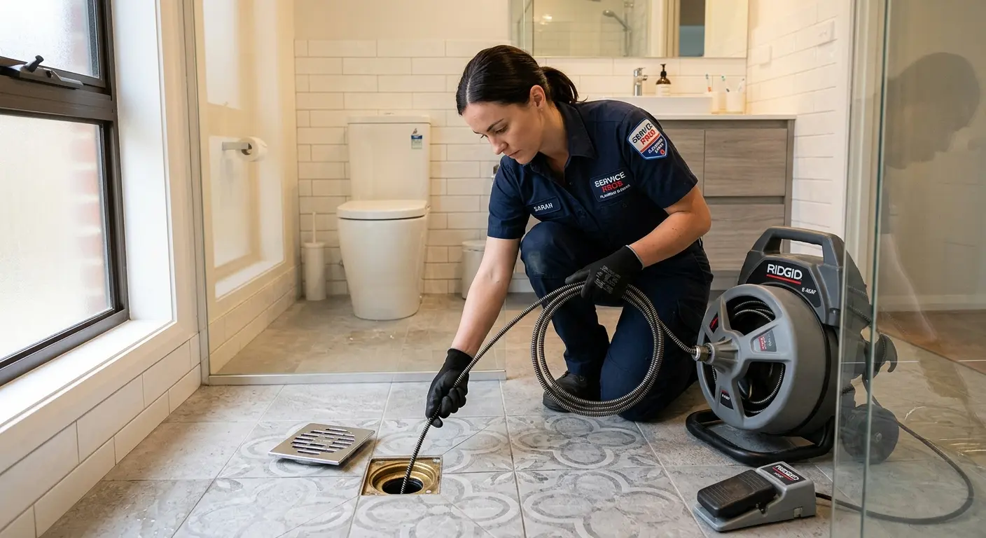 Technician clearing a bathroom floor drain for Drain Cleaning in Coraopolis